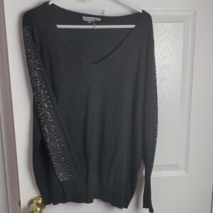 Liquid By Sioni, Black V-Neck Sweater with Embellished Sleeves, Sz. 1X
